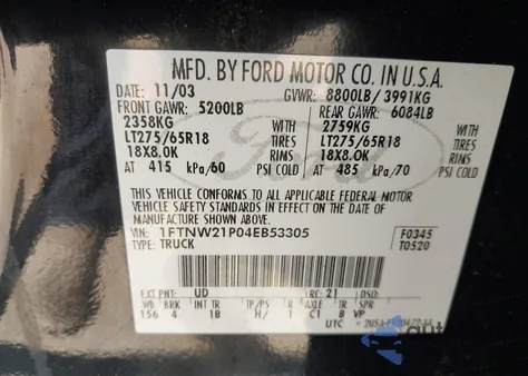 2004 Ford F-250 Lariat/Xl/Xlt from USA, damaged, VIN 1FTNW21P04EB53305